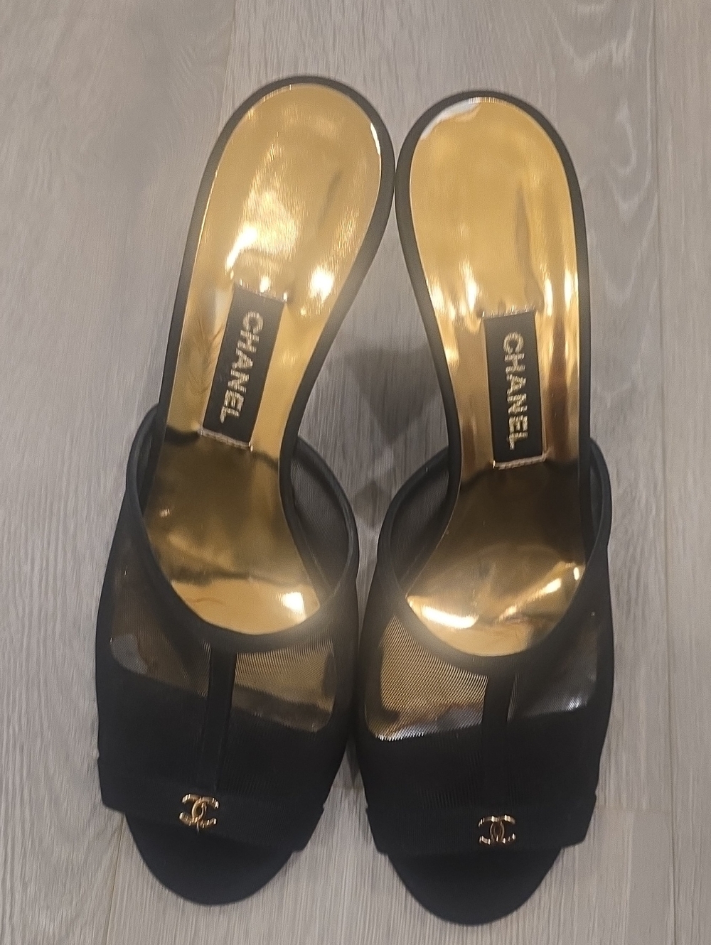 CHANEL Black Open-Toe Mesh Slide Mules with Gold Insole and CC Accent